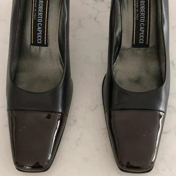 Roberto Capucci Leather + Patent Slip On High Heel Designer Shoes Brown Sz 8.5AA - Picture 9 of 10